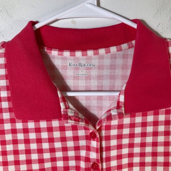 Womens Kim Rogers Gingham Short Sleeve Polo Pink Coral‎ White L Cotton - Picture 3 of 7
